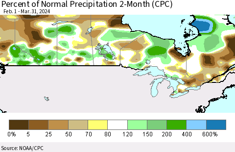 Canada Percent of Normal Precipitation 2-Month (CPC) Thematic Map For 2/1/2024 - 3/31/2024