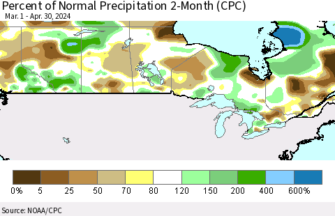 Canada Percent of Normal Precipitation 2-Month (CPC) Thematic Map For 3/1/2024 - 4/30/2024