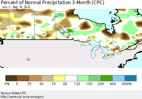 Canada Percent of Normal Precipitation 3-Month (CPC) Thematic Map For 6/1/2022 - 8/31/2022