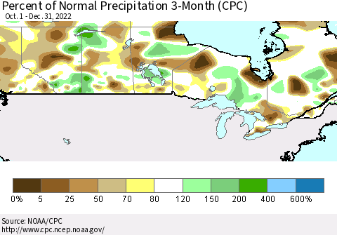 Canada Percent of Normal Precipitation 3-Month (CPC) Thematic Map For 10/1/2022 - 12/31/2022
