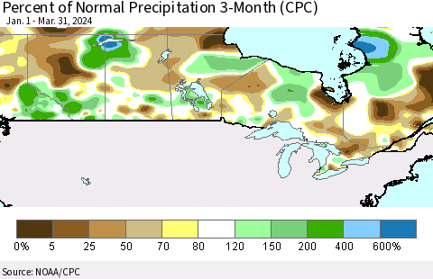 Canada Percent of Normal Precipitation 3-Month (CPC) Thematic Map For 1/1/2024 - 3/31/2024