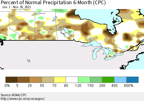 Canada Percent of Normal Precipitation 6-Month (CPC) Thematic Map For 6/1/2021 - 11/30/2021