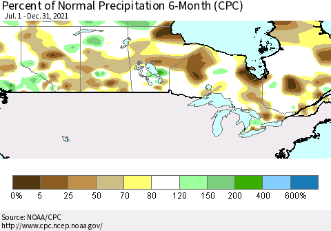 Canada Percent of Normal Precipitation 6-Month (CPC) Thematic Map For 7/1/2021 - 12/31/2021
