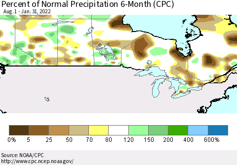 Canada Percent of Normal Precipitation 6-Month (CPC) Thematic Map For 8/1/2021 - 1/31/2022