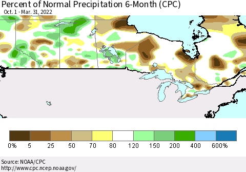Canada Percent of Normal Precipitation 6-Month (CPC) Thematic Map For 10/1/2021 - 3/31/2022