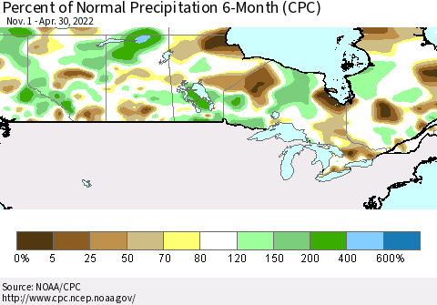 Canada Percent of Normal Precipitation 6-Month (CPC) Thematic Map For 11/1/2021 - 4/30/2022