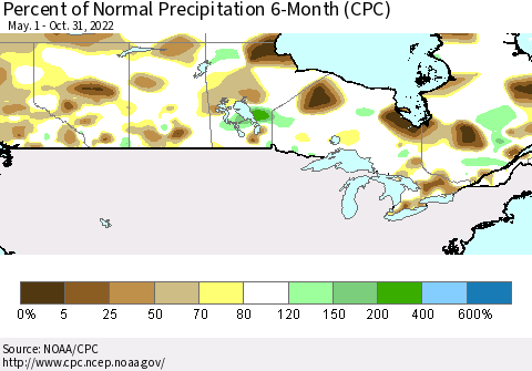 Canada Percent of Normal Precipitation 6-Month (CPC) Thematic Map For 5/1/2022 - 10/31/2022