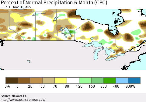Canada Percent of Normal Precipitation 6-Month (CPC) Thematic Map For 6/1/2022 - 11/30/2022