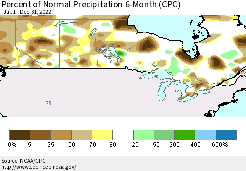 Canada Percent of Normal Precipitation 6-Month (CPC) Thematic Map For 7/1/2022 - 12/31/2022