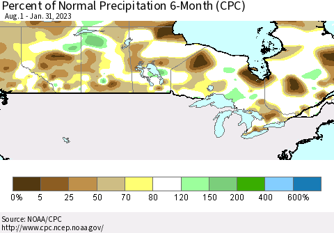 Canada Percent of Normal Precipitation 6-Month (CPC) Thematic Map For 8/1/2022 - 1/31/2023
