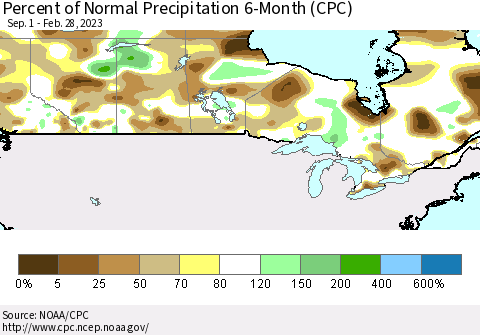 Canada Percent of Normal Precipitation 6-Month (CPC) Thematic Map For 9/1/2022 - 2/28/2023