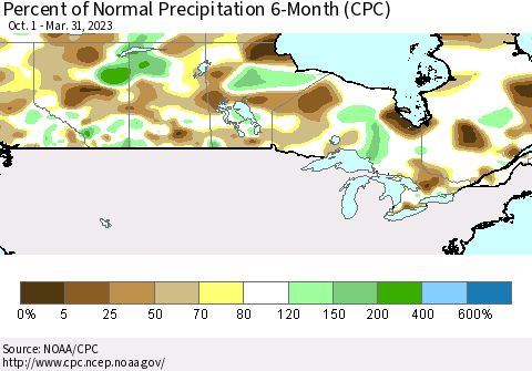 Canada Percent of Normal Precipitation 6-Month (CPC) Thematic Map For 10/1/2022 - 3/31/2023