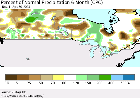 Canada Percent of Normal Precipitation 6-Month (CPC) Thematic Map For 11/1/2022 - 4/30/2023