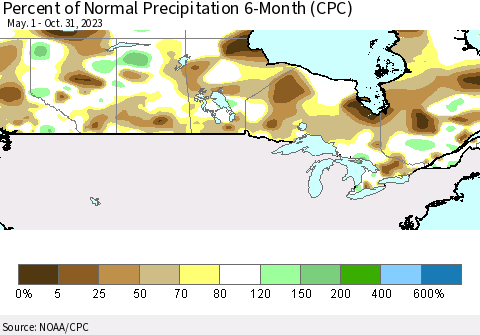 Canada Percent of Normal Precipitation 6-Month (CPC) Thematic Map For 5/1/2023 - 10/31/2023