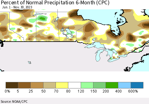Canada Percent of Normal Precipitation 6-Month (CPC) Thematic Map For 6/1/2023 - 11/30/2023