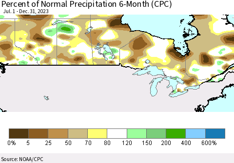 Canada Percent of Normal Precipitation 6-Month (CPC) Thematic Map For 7/1/2023 - 12/31/2023