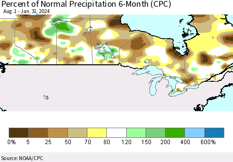 Canada Percent of Normal Precipitation 6-Month (CPC) Thematic Map For 8/1/2023 - 1/31/2024