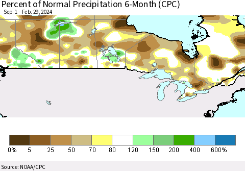 Canada Percent of Normal Precipitation 6-Month (CPC) Thematic Map For 9/1/2023 - 2/29/2024
