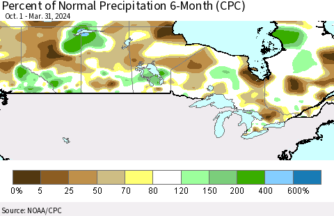 Canada Percent of Normal Precipitation 6-Month (CPC) Thematic Map For 10/1/2023 - 3/31/2024