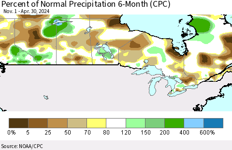 Canada Percent of Normal Precipitation 6-Month (CPC) Thematic Map For 11/1/2023 - 4/30/2024