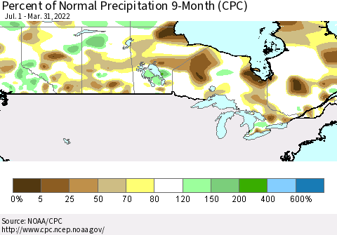 Canada Percent of Normal Precipitation 9-Month (CPC) Thematic Map For 7/1/2021 - 3/31/2022