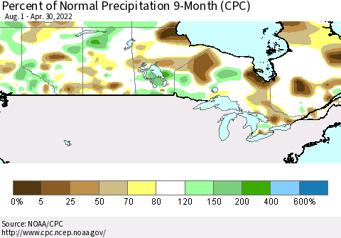 Canada Percent of Normal Precipitation 9-Month (CPC) Thematic Map For 8/1/2021 - 4/30/2022