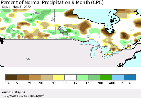Canada Percent of Normal Precipitation 9-Month (CPC) Thematic Map For 9/1/2021 - 5/31/2022