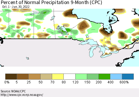 Canada Percent of Normal Precipitation 9-Month (CPC) Thematic Map For 10/1/2021 - 6/30/2022