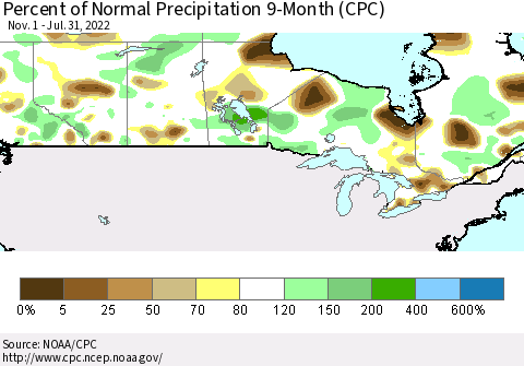Canada Percent of Normal Precipitation 9-Month (CPC) Thematic Map For 11/1/2021 - 7/31/2022