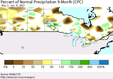 Canada Percent of Normal Precipitation 9-Month (CPC) Thematic Map For 5/1/2022 - 1/31/2023