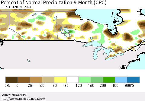 Canada Percent of Normal Precipitation 9-Month (CPC) Thematic Map For 6/1/2022 - 2/28/2023