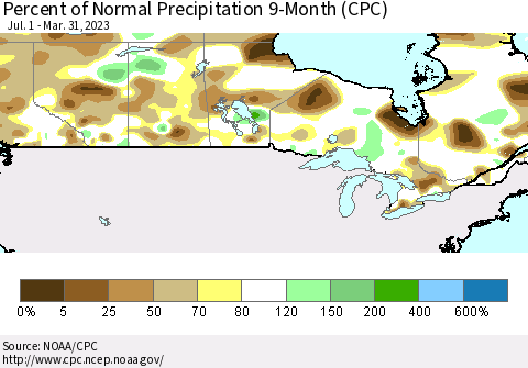 Canada Percent of Normal Precipitation 9-Month (CPC) Thematic Map For 7/1/2022 - 3/31/2023