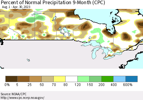 Canada Percent of Normal Precipitation 9-Month (CPC) Thematic Map For 8/1/2022 - 4/30/2023
