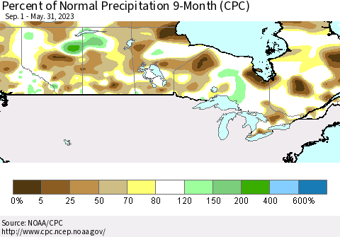Canada Percent of Normal Precipitation 9-Month (CPC) Thematic Map For 9/1/2022 - 5/31/2023