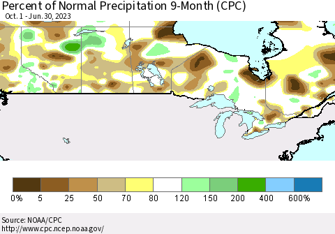 Canada Percent of Normal Precipitation 9-Month (CPC) Thematic Map For 10/1/2022 - 6/30/2023