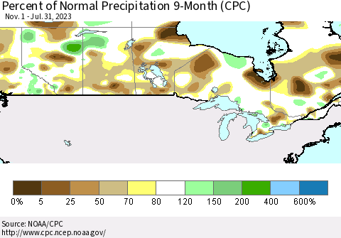 Canada Percent of Normal Precipitation 9-Month (CPC) Thematic Map For 11/1/2022 - 7/31/2023