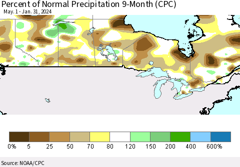 Canada Percent of Normal Precipitation 9-Month (CPC) Thematic Map For 5/1/2023 - 1/31/2024