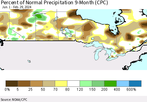 Canada Percent of Normal Precipitation 9-Month (CPC) Thematic Map For 6/1/2023 - 2/29/2024