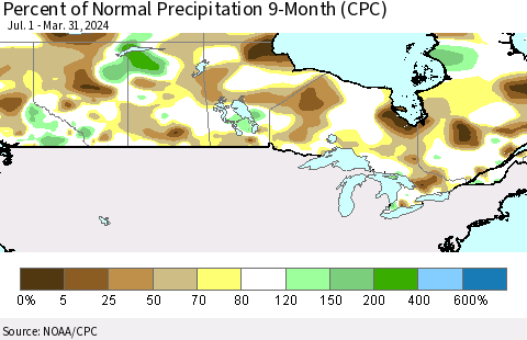 Canada Percent of Normal Precipitation 9-Month (CPC) Thematic Map For 7/1/2023 - 3/31/2024