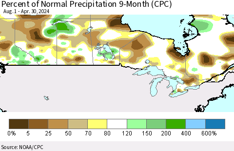 Canada Percent of Normal Precipitation 9-Month (CPC) Thematic Map For 8/1/2023 - 4/30/2024