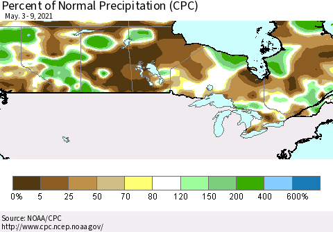 Canada Percent of Normal Precipitation (CPC) Thematic Map For 5/3/2021 - 5/9/2021