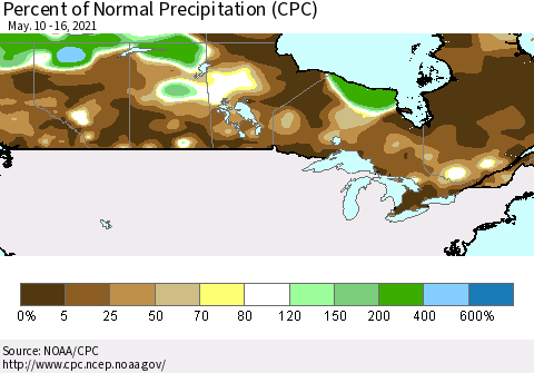 Canada Percent of Normal Precipitation (CPC) Thematic Map For 5/10/2021 - 5/16/2021