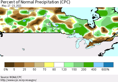 Canada Percent of Normal Precipitation (CPC) Thematic Map For 5/17/2021 - 5/23/2021