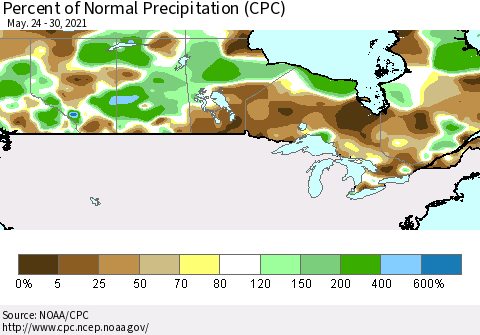 Canada Percent of Normal Precipitation (CPC) Thematic Map For 5/24/2021 - 5/30/2021