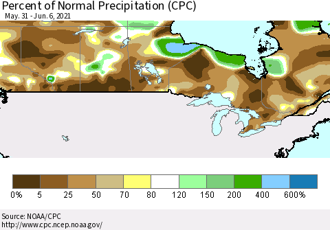 Canada Percent of Normal Precipitation (CPC) Thematic Map For 5/31/2021 - 6/6/2021