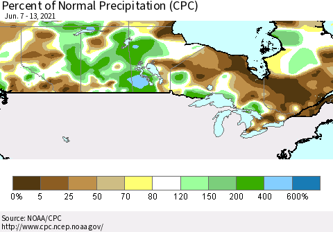 Canada Percent of Normal Precipitation (CPC) Thematic Map For 6/7/2021 - 6/13/2021