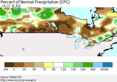 Canada Percent of Normal Precipitation (CPC) Thematic Map For 6/14/2021 - 6/20/2021