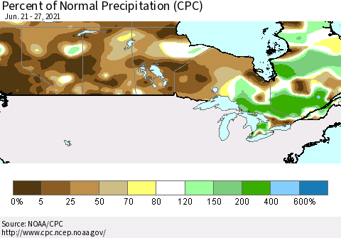 Canada Percent of Normal Precipitation (CPC) Thematic Map For 6/21/2021 - 6/27/2021