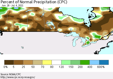 Canada Percent of Normal Precipitation (CPC) Thematic Map For 6/28/2021 - 7/4/2021