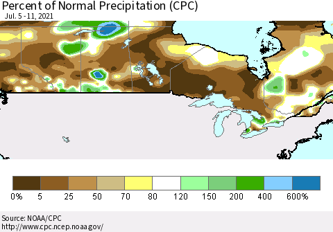 Canada Percent of Normal Precipitation (CPC) Thematic Map For 7/5/2021 - 7/11/2021